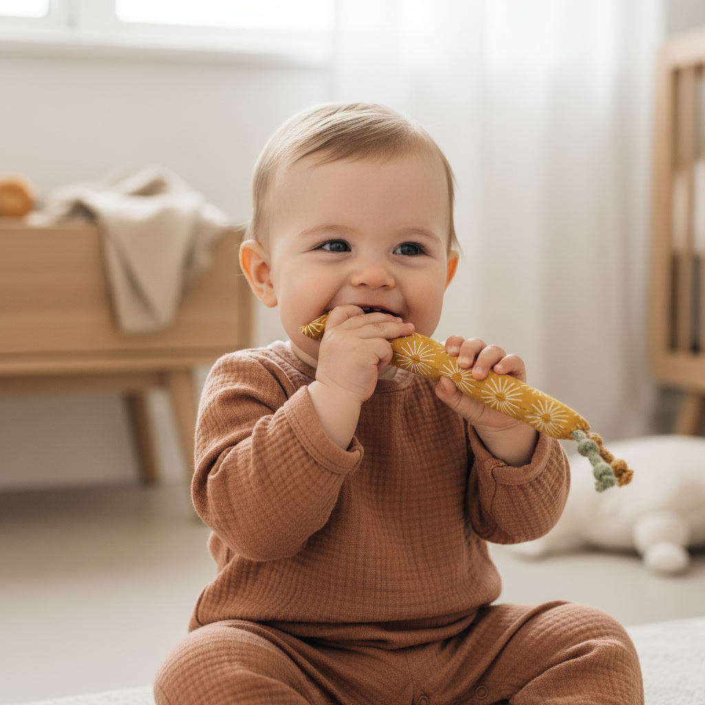 Baby nutzt handgemachte Kaustange als Zahnungshilfe