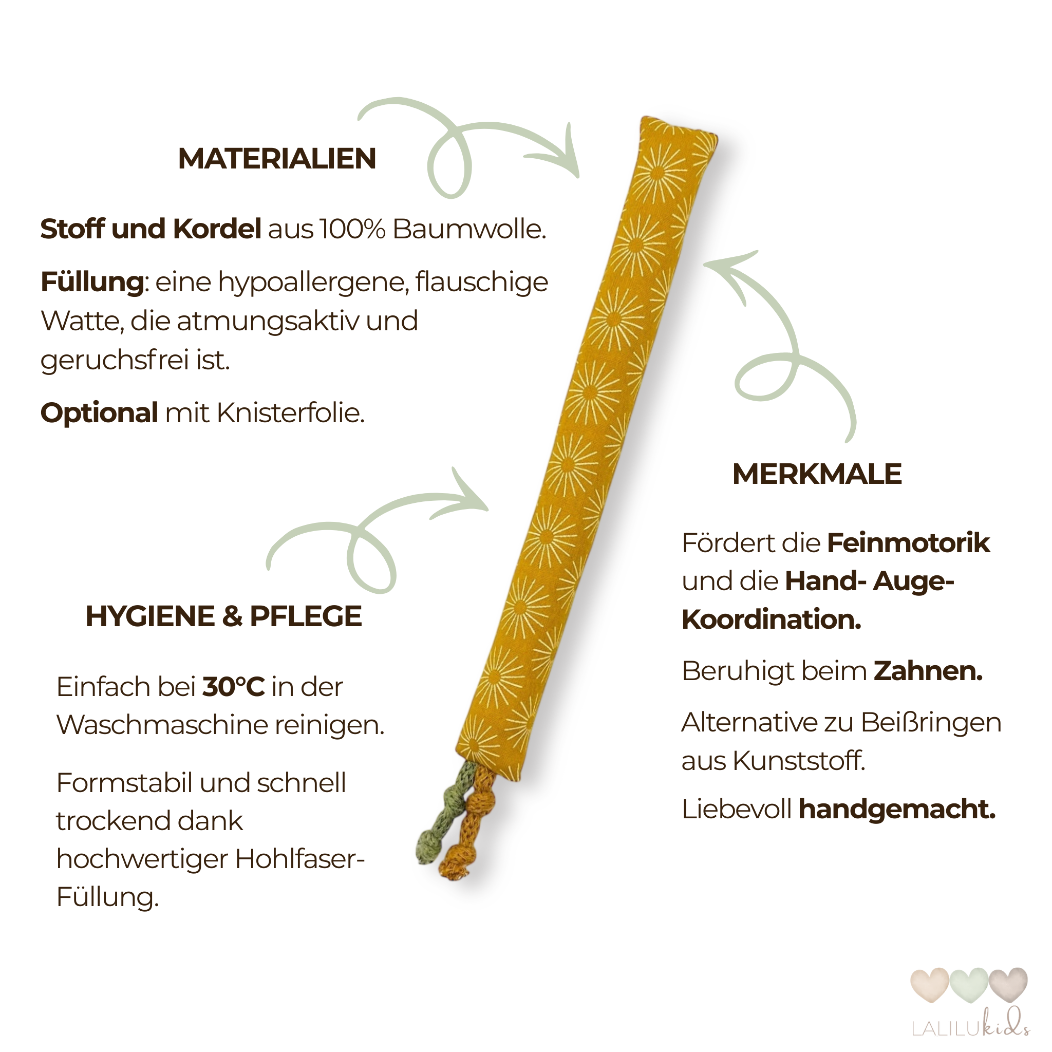 Nahaufnahme der hochwertigen Stoffstruktur und Verarbeitung mit detaillierten Informationen der Baby-Kaustange aus Baumwolle.